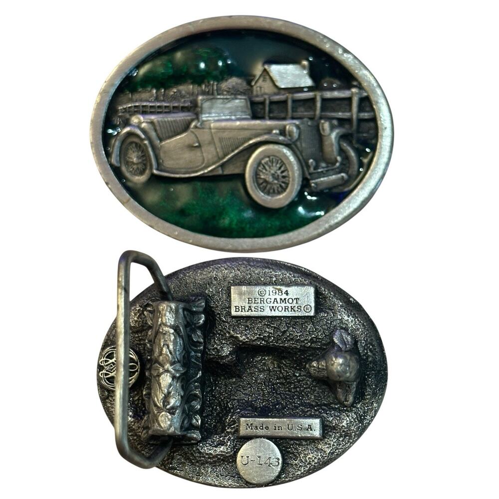 VTG 1984 Brass Enamel Belt Buckle Oval Car Bergamont Works Made In USA U143